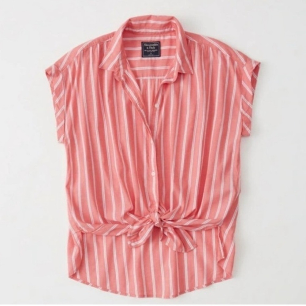 Abercrombie & Fitch Button Front Rolled Short Sleeve Red Stripe Blouse Top Sz SM